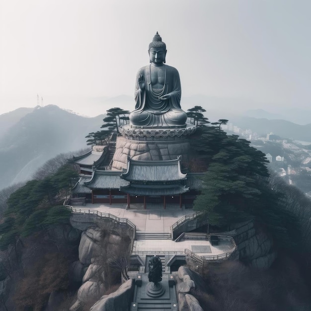 Statue de Bouddha au sommet de la montagne en jour brumeux