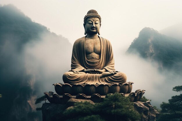 Statue de Bouddha au sommet de la montagne le matin brumeux