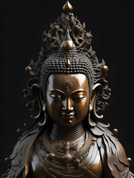 Une statue de bouddha en bronze avec un visage sur le côté gauche.