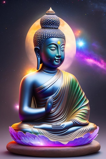 Une statue de bouddha colorée avec le mot bouddha sur le devant.
