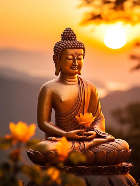 une statue de Bouddha avec un coucher de soleil derrière lui