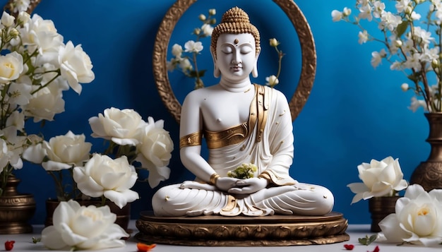 Photo statue de bouddha en couleur blanche avec des fleurs blanches autour statue du bouddha sur fond bleu