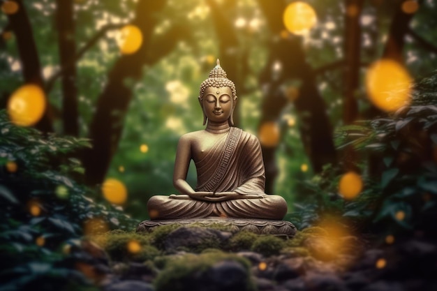 Statue de Bouddha dans la forêt avec des lumières en arrière-plan