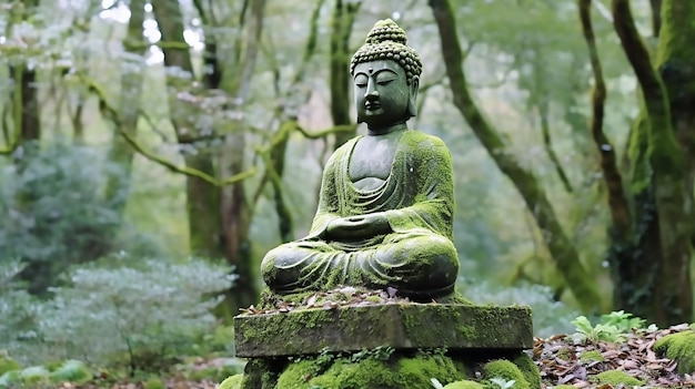 Une statue de bouddha dans une forêt avec de la mousse dessus