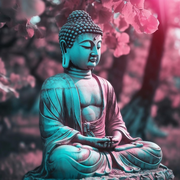 Statue de Bouddha dans un jardin avec fond rose et bleu