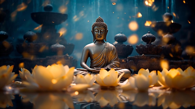 Statue de Bouddha dans la nuit parmi les lotus AI générative
