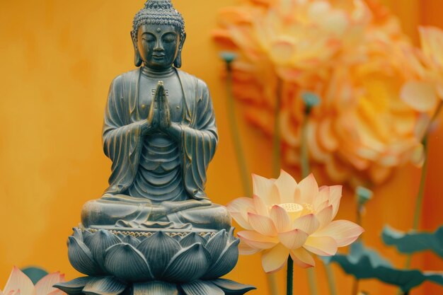 Statue de Bouddha debout sur une fleur de lotus sur un fond orange