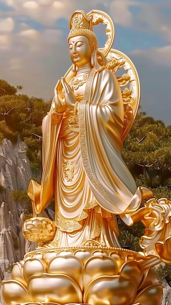 statue d'un Bouddha doré assis sur un rocher avec un fond de ciel génératif ai