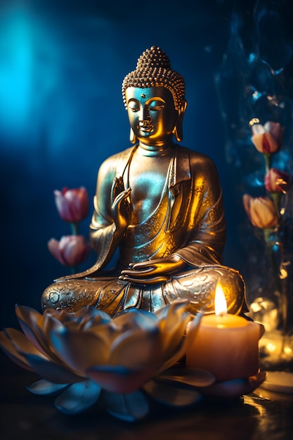 Photo une statue de bouddha doré avec bougie et fleur de lotus sur fond bleu