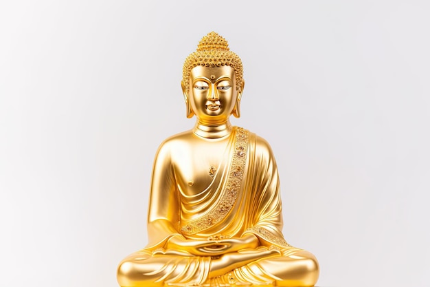 Statue de Bouddha doré de style tibétain traditionnel avec les yeux ouverts isolés sur fond blanc