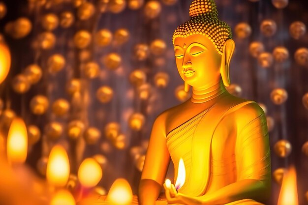 Une statue de Bouddha éclairée devant des lumières dorées