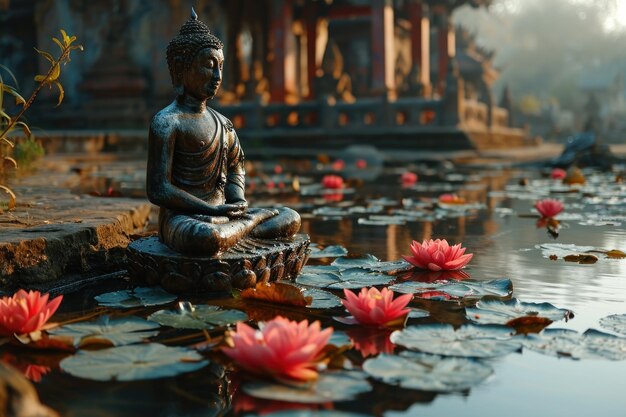 Une statue de Bouddha entourée d'eau remplie de lotus