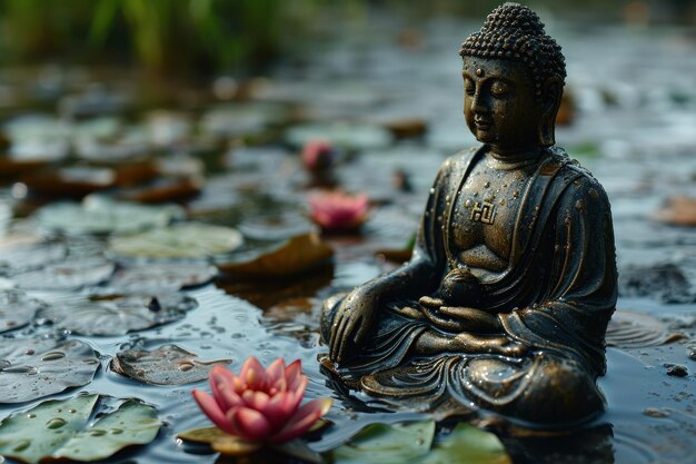 Une statue de Bouddha entourée d'eau remplie de lotus