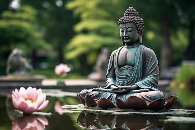 Une statue de bouddha est assise dans un étang avec des fleurs de lotus en arrière-plan.