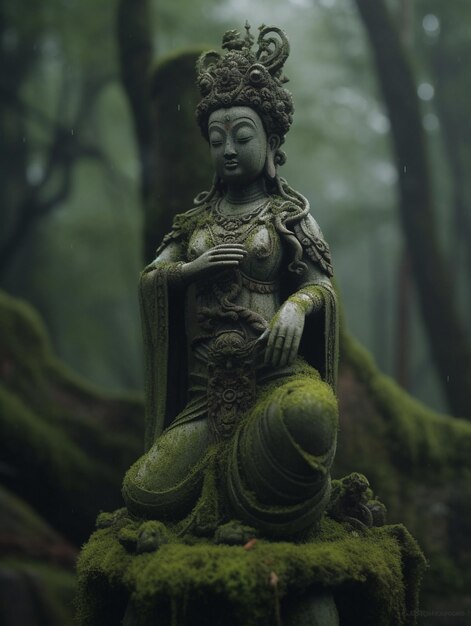 Photo une statue de bouddha est assise dans une forêt de mousse.