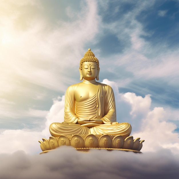 Une statue de bouddha est assise dans les nuages avec le soleil qui brille derrière elle.