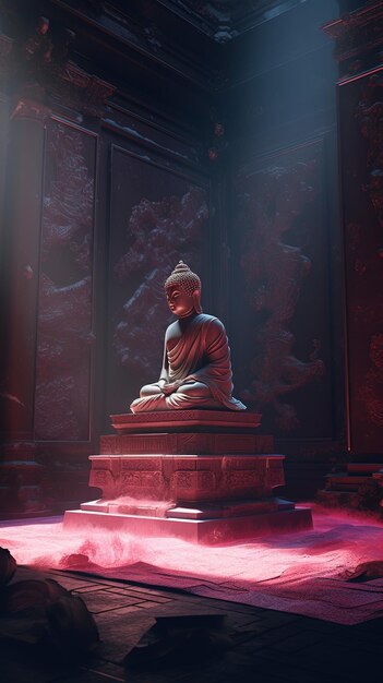 Photo une statue de bouddha est assise dans une pièce avec une lumière rouge au plafond