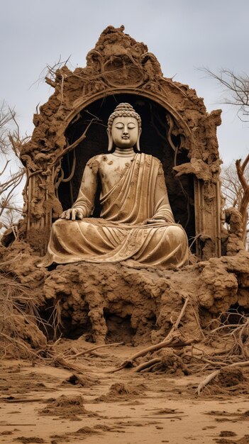 une statue de Bouddha est assise dans un tas de boue