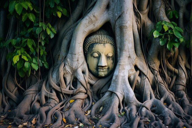 Photo une statue de bouddha est assise devant un arbre avec une rose blanche.