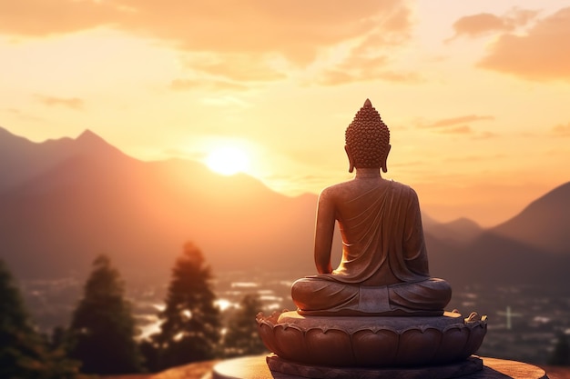 Une statue de bouddha est assise devant un coucher de soleil.