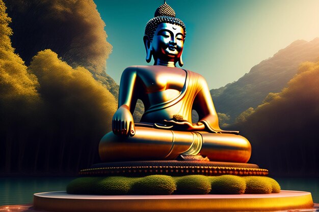 Une statue de bouddha est assise devant une montagne.