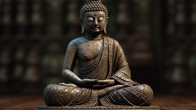 Une statue de bouddha est assise devant un mur.