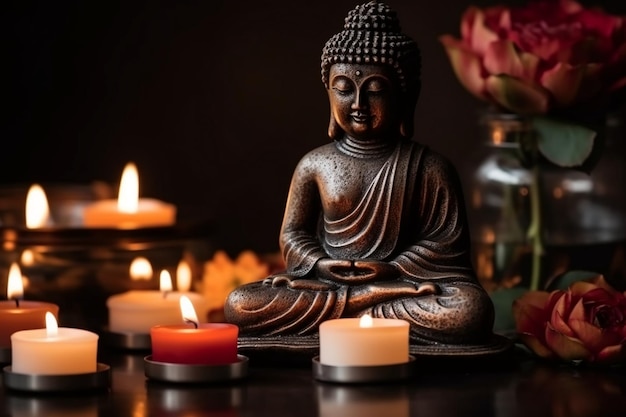 Une statue de bouddha est assise devant une table aux chandelles avec des fleurs en arrière-plan.