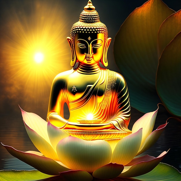 La statue de bouddha est assise sur une fleur de lotus.