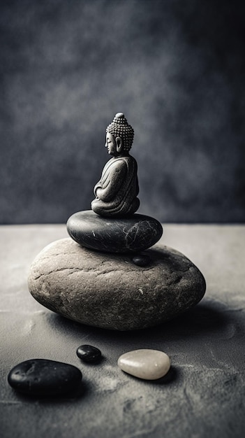 Une statue de bouddha est assise sur un rocher avec le mot bouddha dessus.