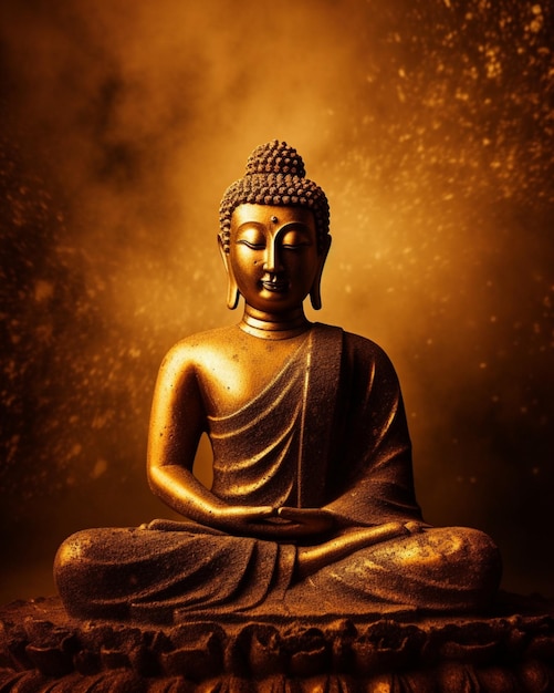 Une statue de bouddha est assise sur une table avec un fond d'or.