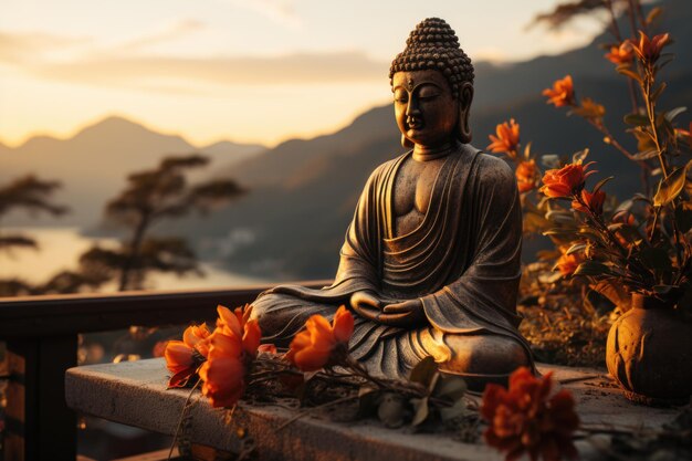 Une statue de Bouddha est devant une montagne au coucher du soleil.