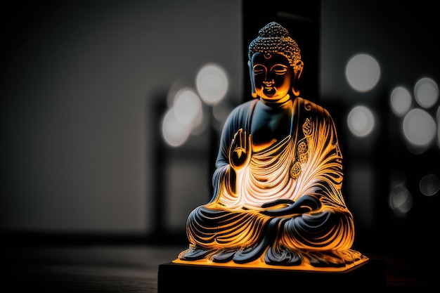 Une statue de bouddha est éclairée dans une pièce sombre.