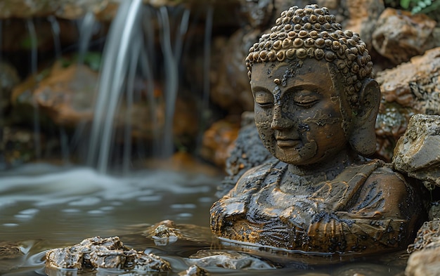 une statue de Bouddha est entourée d'eau et de rochers