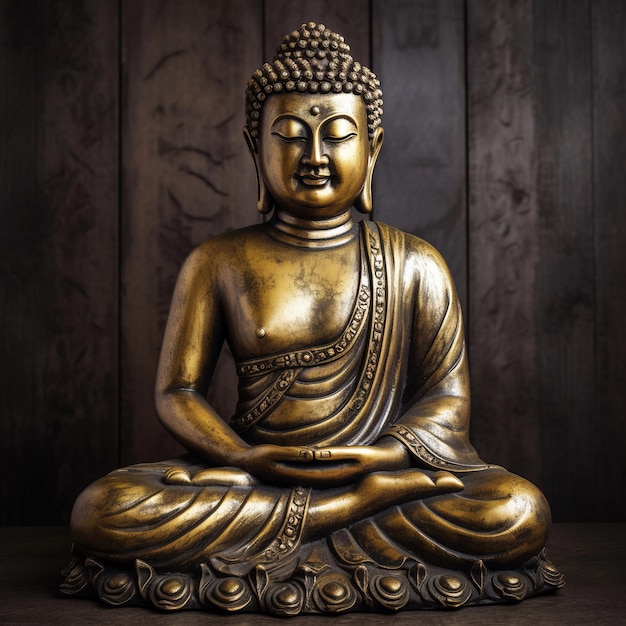 Une statue de bouddha est posée sur une table.