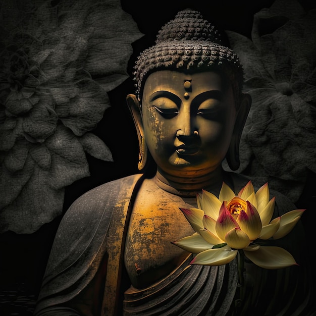 Une statue de bouddha avec une fleur au premier plan.