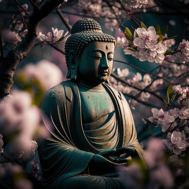 Statue de bouddha avec fleur de cerisier Médiation et concept zen Illustration de l'IA générative de la statue dorée de Bouddha au jardin zen