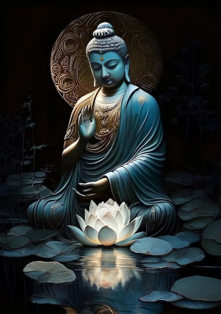 Une statue de Bouddha avec une fleur de lotus au milieu.