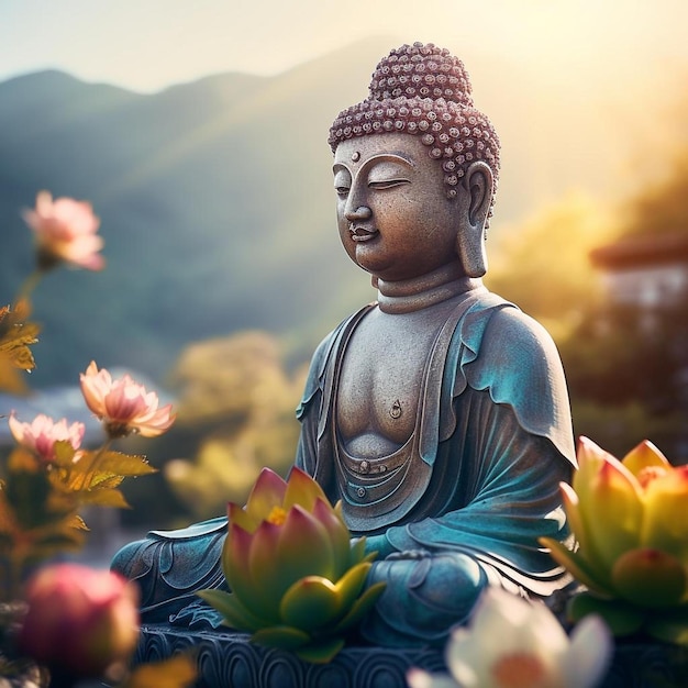 une statue de bouddha avec des fleurs en arrière-plan