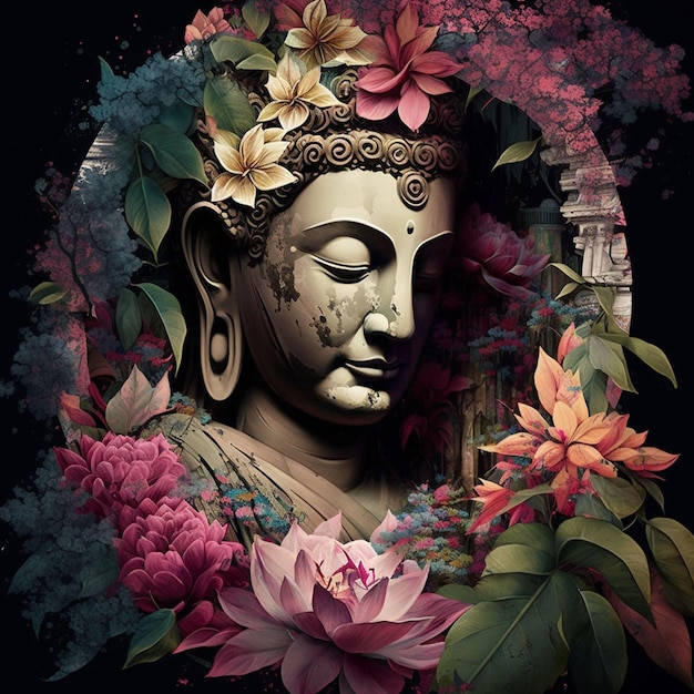 statue de bouddha avec des fleurs colorées ai genrative