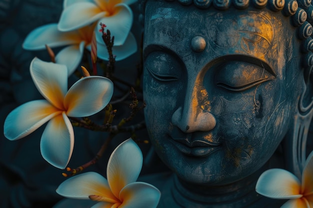 Statue de Bouddha avec des fleurs de frangipani sur un fond sombre