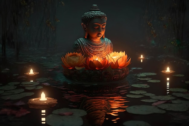 Statue de Bouddha avec des fleurs de lotus et des bougies allumées flottant sur l'eau Ai générative