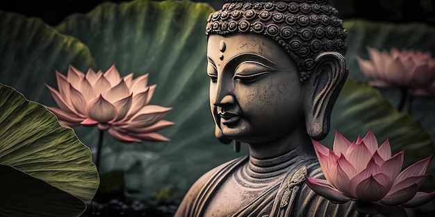 statue de bouddha avec des fleurs de lotus sur fond de coucher de soleil