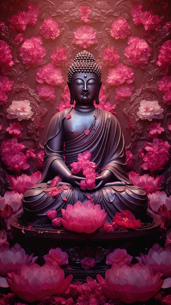 Statue de Bouddha avec des fleurs roses sur le fond