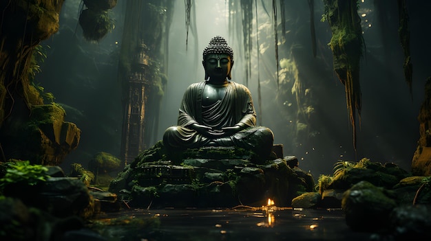 Statue de Bouddha sur fond de forêt IA générative