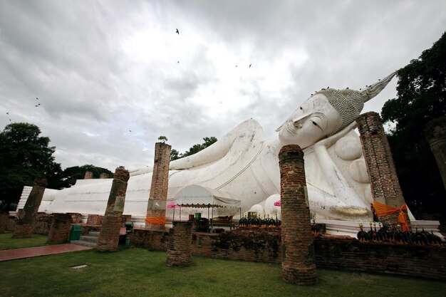 Photo une statue de bouddha géante est soutenue par une grande tente blanche.