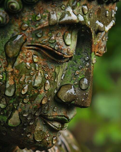 Statue de Bouddha avec des gouttes d'eau en gros plan