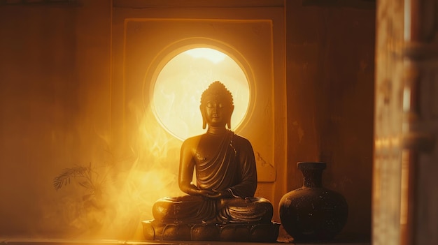 Statue de Bouddha avec la lumière transmise par derrière