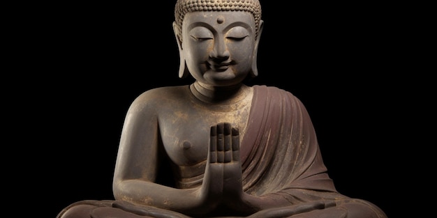 Une statue de bouddha avec les mains jointes et le mot bouddha sur le devant.