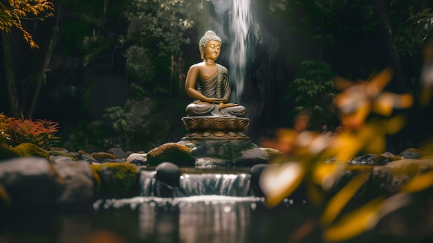 Statue de Bouddha en méditation à une belle cascade dans la jungle