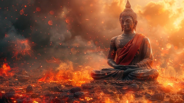 Statue de Bouddha en méditation devant le feu